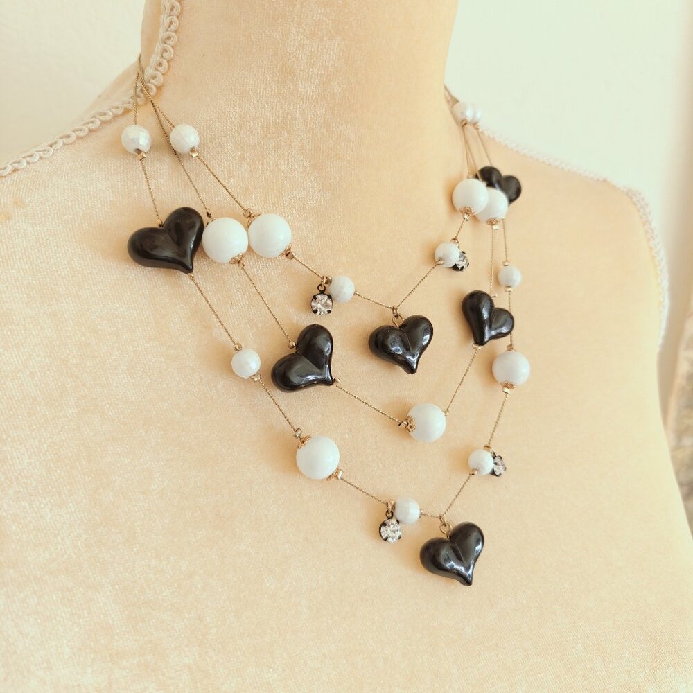 Betsey Johnson Black & White Hearts Beaded Layered Multi Strand Necklace